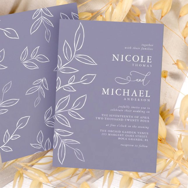 Soft Violet Minimalist Elegant Leaves Wedding Invitation (Creator Uploaded)