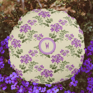 Soft Violet Pattern on Pale Yellow with Initial Round Pillow