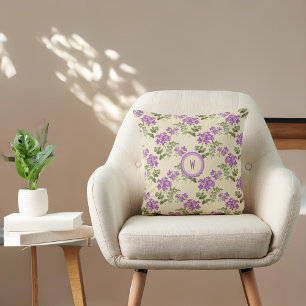 Soft Violet Pattern on Pale Yellow with Initial Throw Pillow
