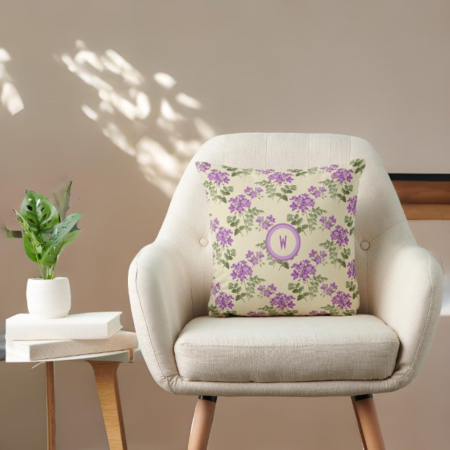 Soft Violet Pattern on Pale Yellow with Initial Throw Pillow (Creator Uploaded)