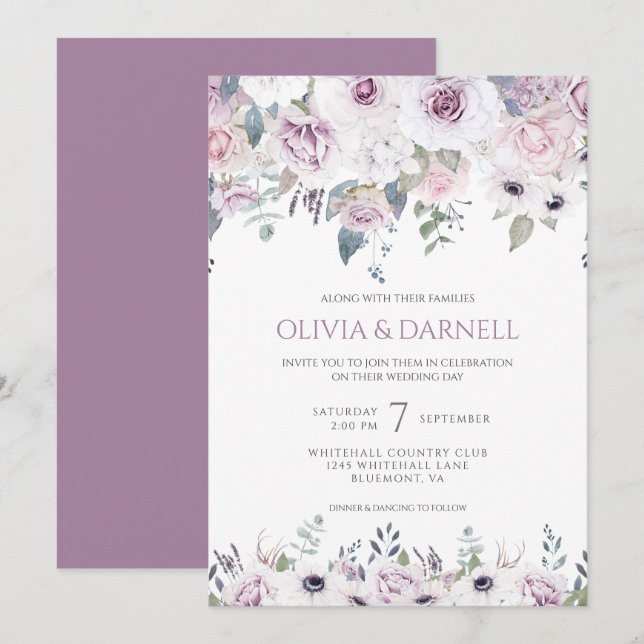 Soft Violet Pink Lavender White Floral Wedding I Invitation (Front/Back)