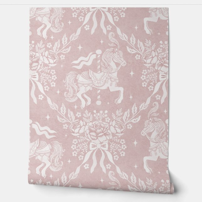  Soft Warm Blush Rococo Carousel Horses & Florals Wallpaper (Unrolling)