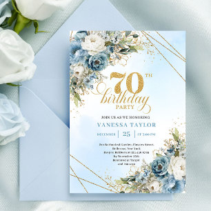 Soft watercolor blue florals gold 70th birthday  invitation