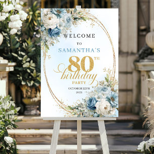Soft watercolor blue florals gold frame 80th birth poster