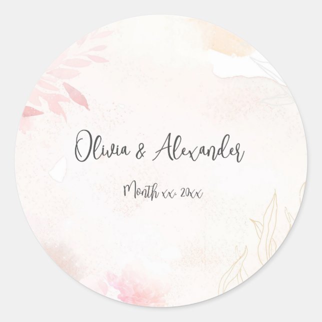 Soft Watercolor Blush Floral Wedding Classic Round Sticker (Front)