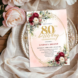 Soft Watercolor Burgundy Floral 80th Birthday  Invitation