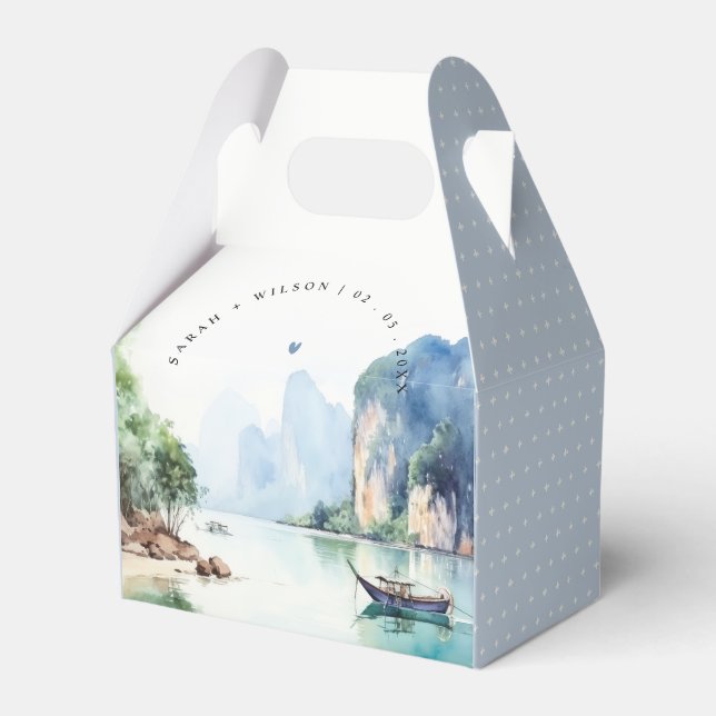 Soft Watercolor Coastal Thailand Seascape Wedding Favor Box (Front Side)