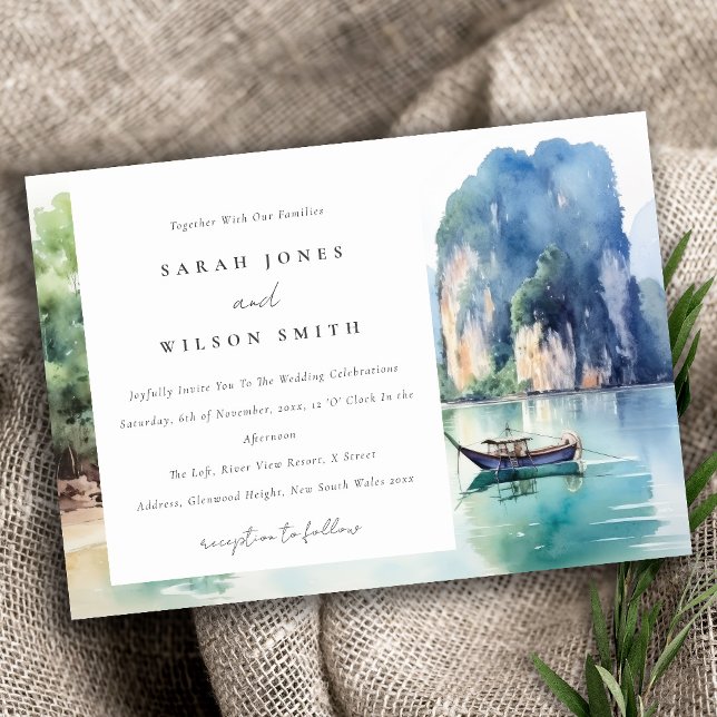 Soft Watercolor Coastal Thailand Seascape Wedding Invitation (Creator Uploaded)