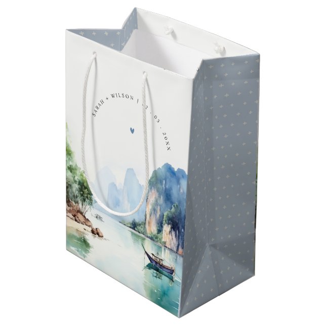 Soft Watercolor Coastal Thailand Seascape Wedding Medium Gift Bag (Back Angled)