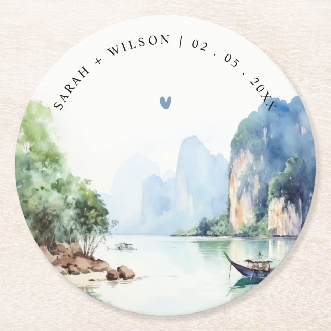 Soft Watercolor Coastal Thailand Seascape Wedding Round Paper Coaster (Front)