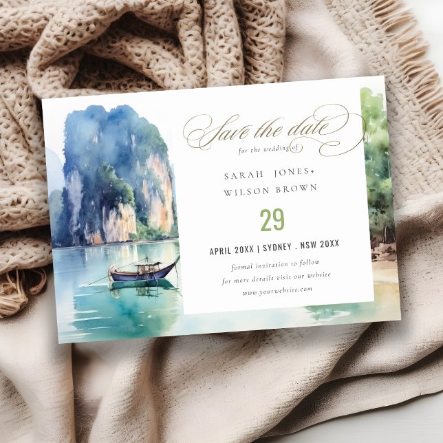 Soft Watercolor Coastal Thailand Seascape Wedding Save The Date (Creator Uploaded)
