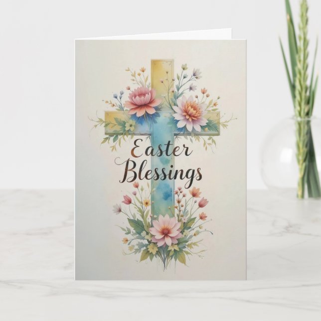 Soft Watercolor Easter Blessings  Holiday Card (Front)
