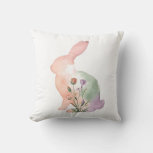 Soft Watercolor Easter Bunny Floral Silhouette  Throw Pillow
