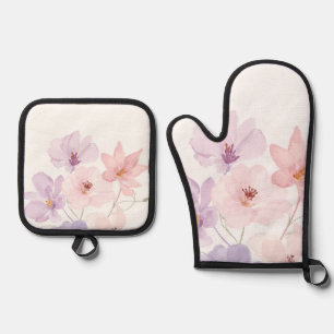 Soft Watercolor Floral Art – Pastel Pink and Laven Oven Mitt & Pot Holder Set