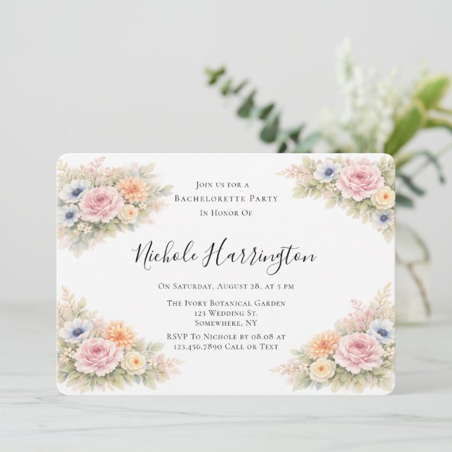 Soft Watercolor Floral Bachelorette Party Invitation (Standing Front)
