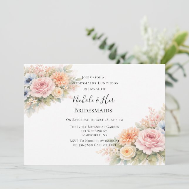 Soft Watercolor Floral Bridesmaids Luncheon Invitation (Standing Front)