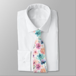 Soft Watercolor Floral Flowers in Pink Blue  Tie