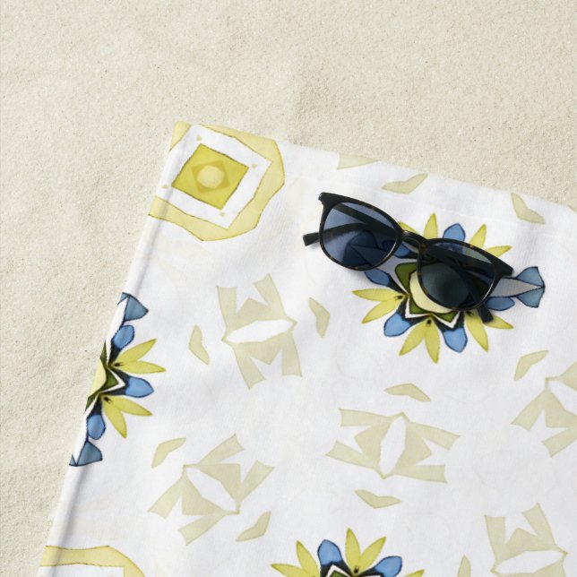 Soft Watercolor Floral Tile Pattern Beach Towel (In Situ)