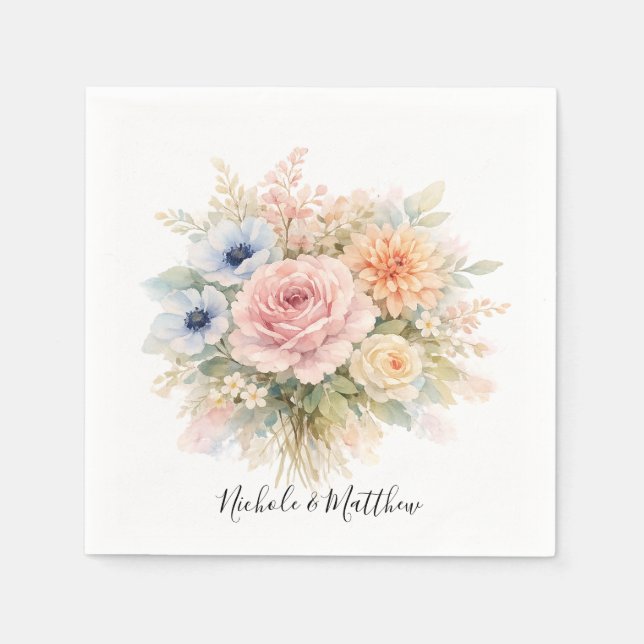 Soft Watercolor Floral Wedding Napkin (Front)