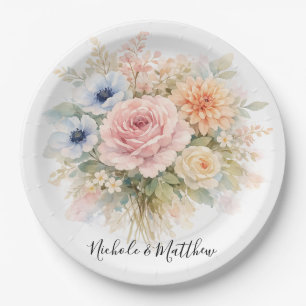Soft Watercolor Floral Wedding Paper Plate