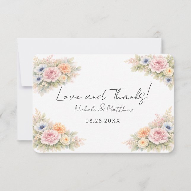 Soft Watercolor Floral Wedding Thank You Card (Front)