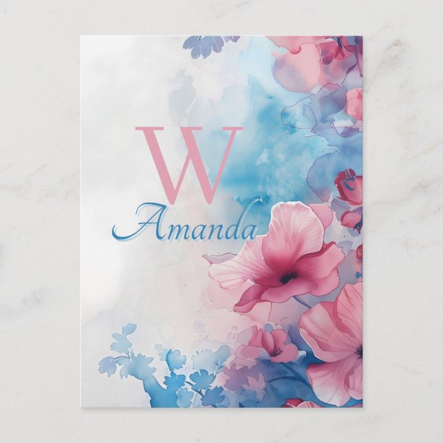 Soft Watercolor Flowers in Pink and Blue Postcard (Front)