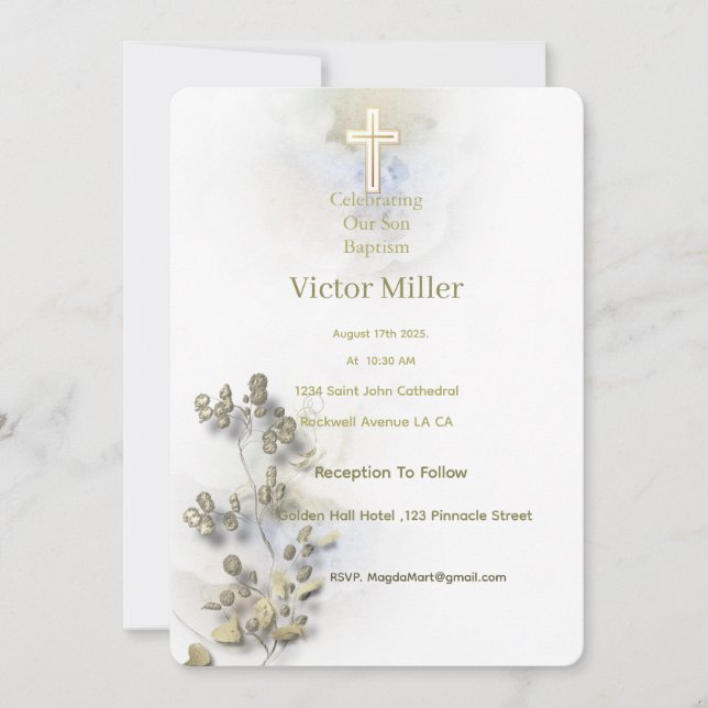 Soft watercolor & golden Cross Baptism invitation  (Front)