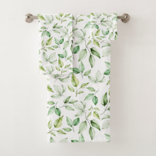 Soft Watercolor Green Leaves Bath Towel Set
