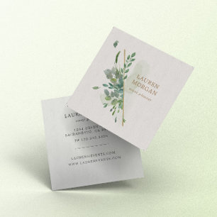 Soft Watercolor Greenery Gold Square Business Card