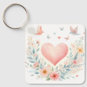 Soft Watercolor Heart Love Flowers Birds Keychain