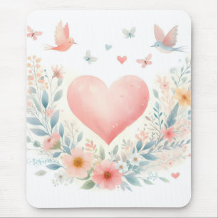 Soft Watercolor Heart Love Flowers Birds Mouse Pad