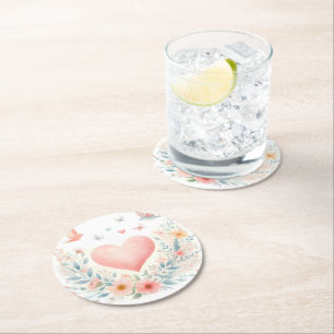 Soft Watercolor Heart Love Flowers Birds Round Paper Coaster