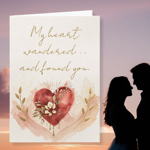 Soft Watercolor Heart with Warm Florals and Gold Holiday Card