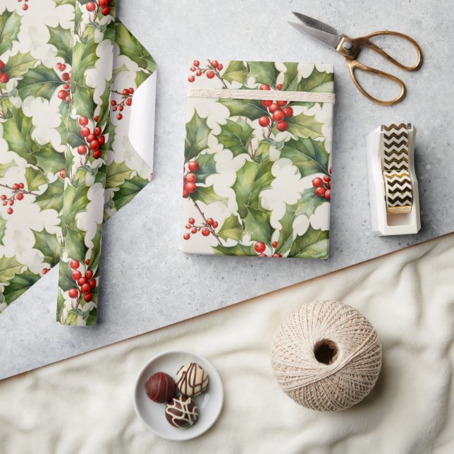 Soft Watercolor Holly & Berries Elegance Design Wrapping Paper (Crafts)