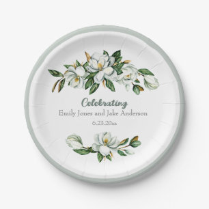Soft Watercolor Magnolia Greenery Wedding Paper Plate