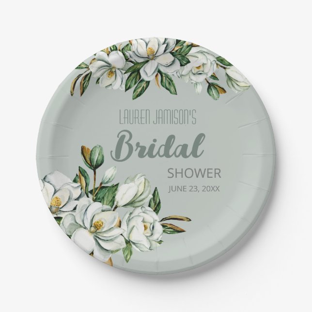 Soft Watercolor Magnolia Greenery Wedding Shower Paper Plate (Front)