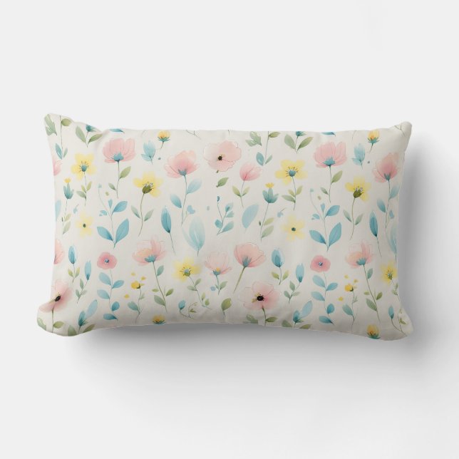 soft watercolor meadow blossoms lumbar pillow (Front)