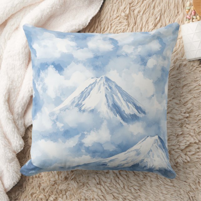 Soft Watercolor Mountains Snow Clouds Blue White Throw Pillow (Blanket)