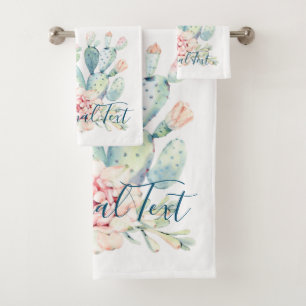 Soft Watercolor Pastel Blooming Cactus  Bath Towel Set