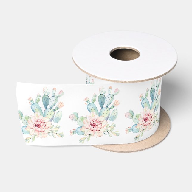 Soft Watercolor Pastel Blooming Cactus  Satin Ribb Satin Ribbon (Spool)