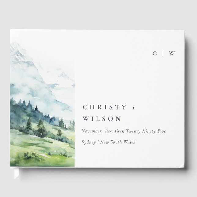 Soft Watercolor Snow Mountain Landscape Wedding Guest Book (Front)