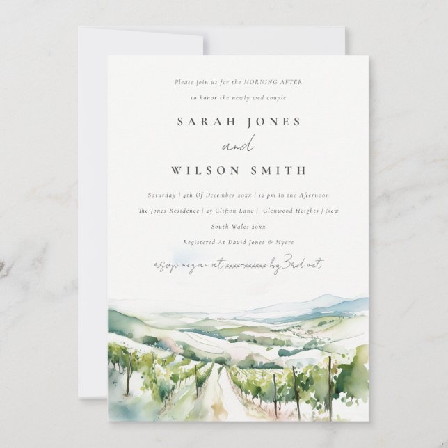 Soft Watercolor Vineyard Landscape Morning After Invitation (Front)