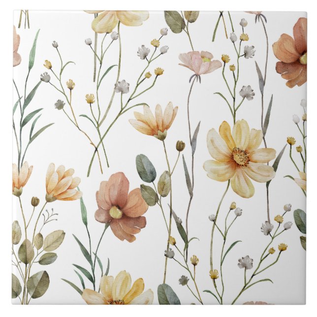 Soft Watercolor Wildflower Botanical Boho Pattern Tile (Front)