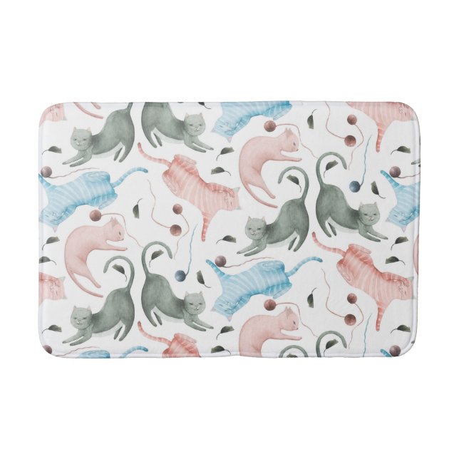Soft Watercolors Cats & Yarn Pattern Illustration Bath Mat (Front)