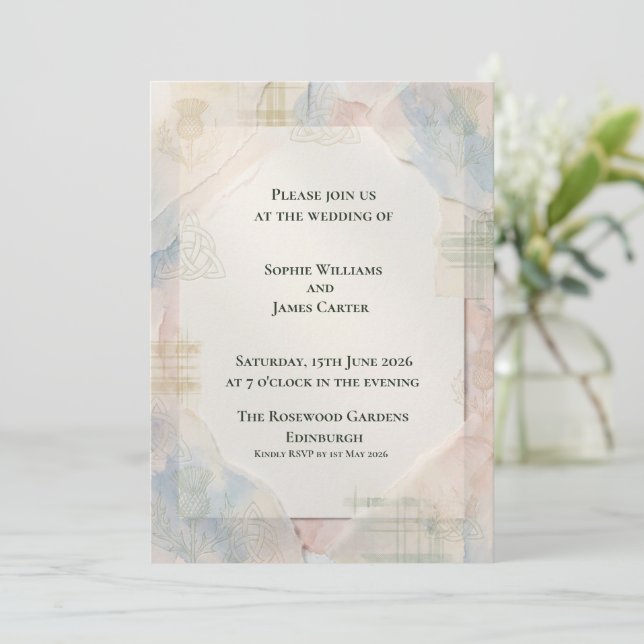 Soft Watercolour Celtic Heritage Scottish Wedding Invitation (Standing Front)