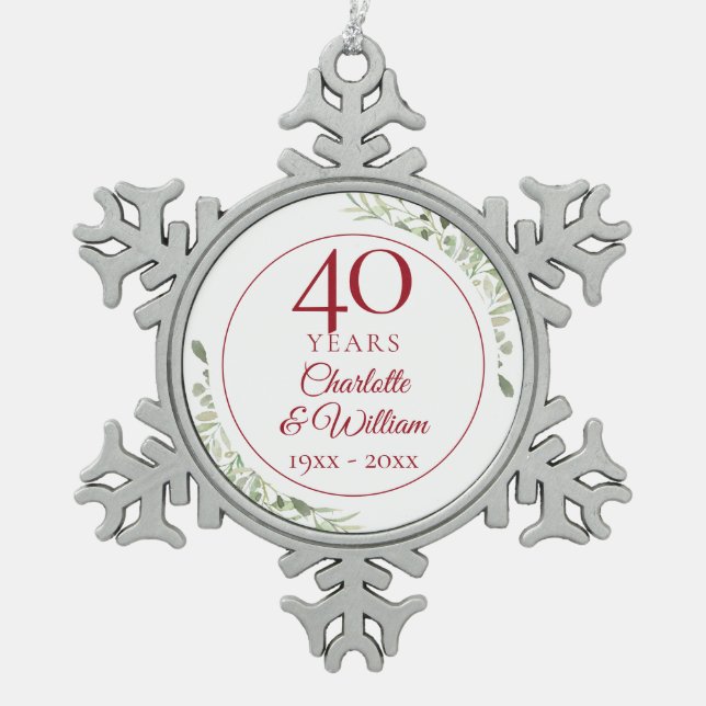 Soft Watercolour Greenery 40th Anniversary Snowflake Pewter Christmas Ornament (Front)