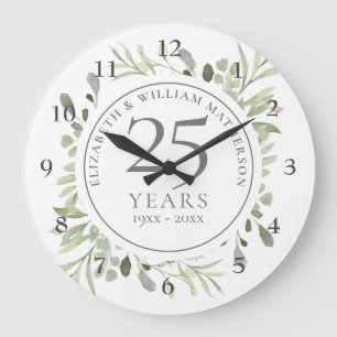 Soft Watercolour Leaves 25th Anniversary Large Clock