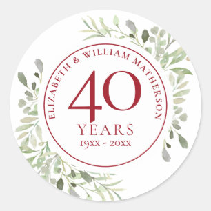 Soft Watercolour Leaves 40th Anniversary Classic Round Sticker