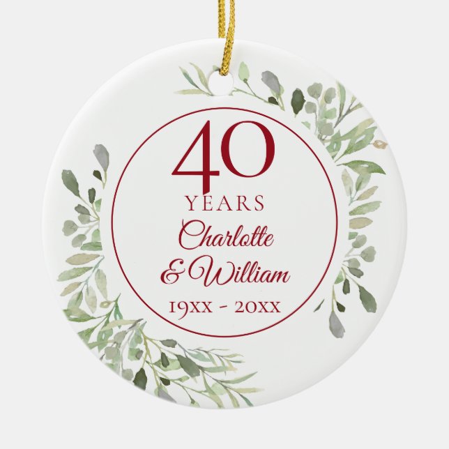 Soft Watercolour Leaves 40th Anniversary Photo Ceramic Ornament (Front)