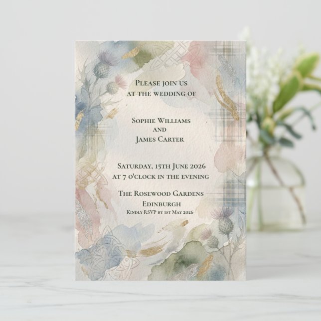 Soft Watercolour Scottish Thistle Wedding Invitati Invitation (Standing Front)